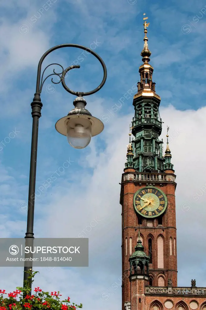 Clock tower of Main Town Hall in the historic town centre, Gdansk, Pomeranian Voivodeship, Poland
