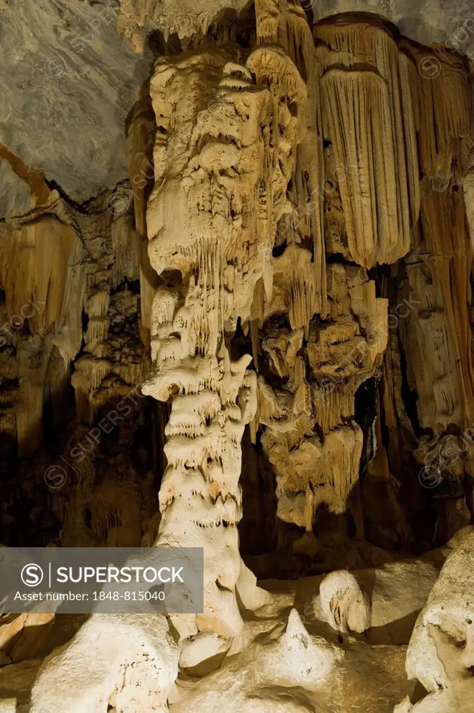 Stalactites and stalagmites in Van Zyl's Hall inside the Cango Caves, Oudtshoorn, Western Cape, South Africa