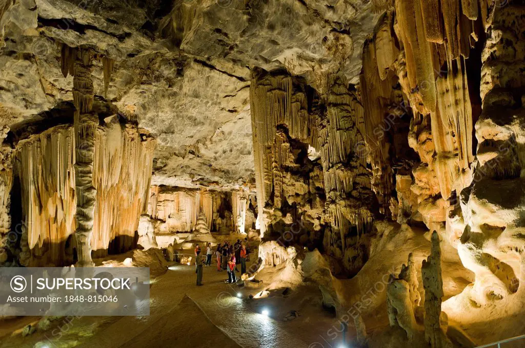 Stalactites and stalagmites in Van Zyl's Hall inside the Cango Caves, Oudtshoorn, Western Cape, South Africa