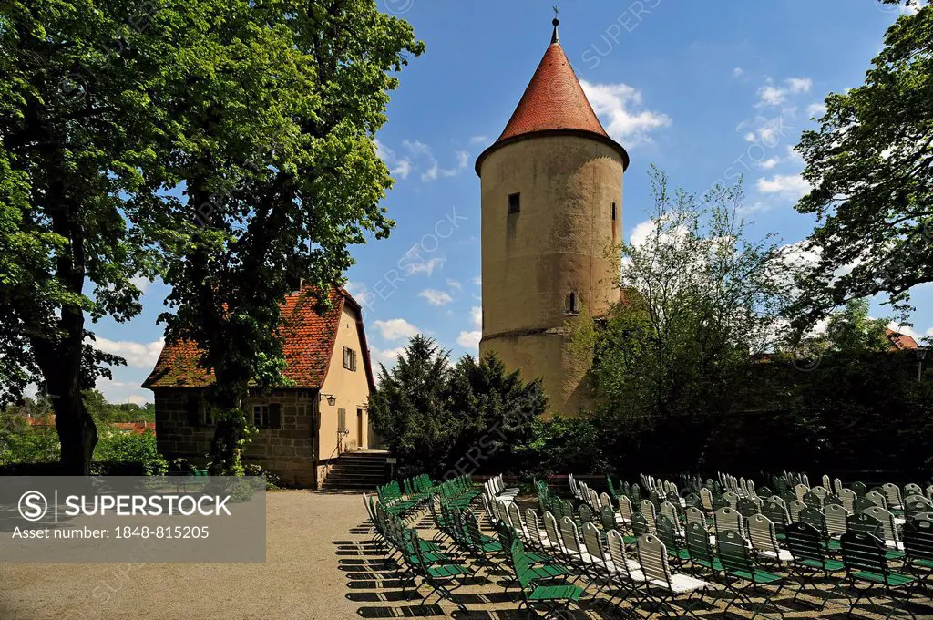 Faulturm prison tower, round tower with a conical roof and embrasures, Dinkelsbühl, Middle Franconia, Bavaria, Germany