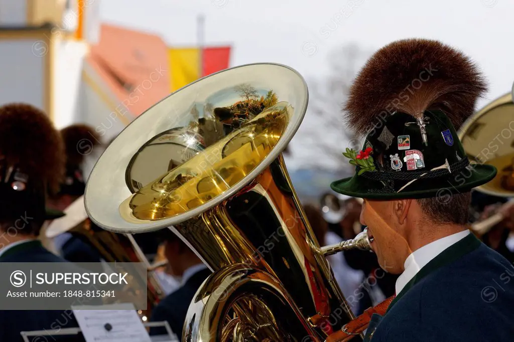 Tuba player during Mass for the Leonhardifest festival, Wildsteig, Pfaffenwinkel region, Upper Bavaria, Bavaria, Germany