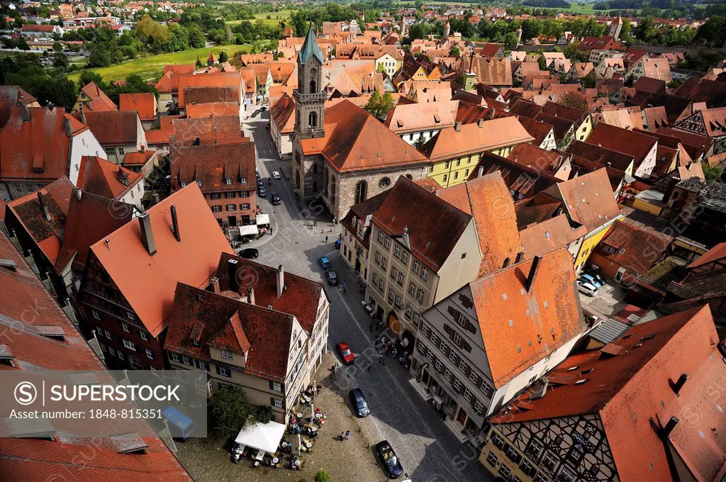 View from the tower of St. George's Church in the middle the Evangelical-Lutheran parish church of St. Paul, Dinkelsbühl, Middle Franconia, Bavaria, G...
