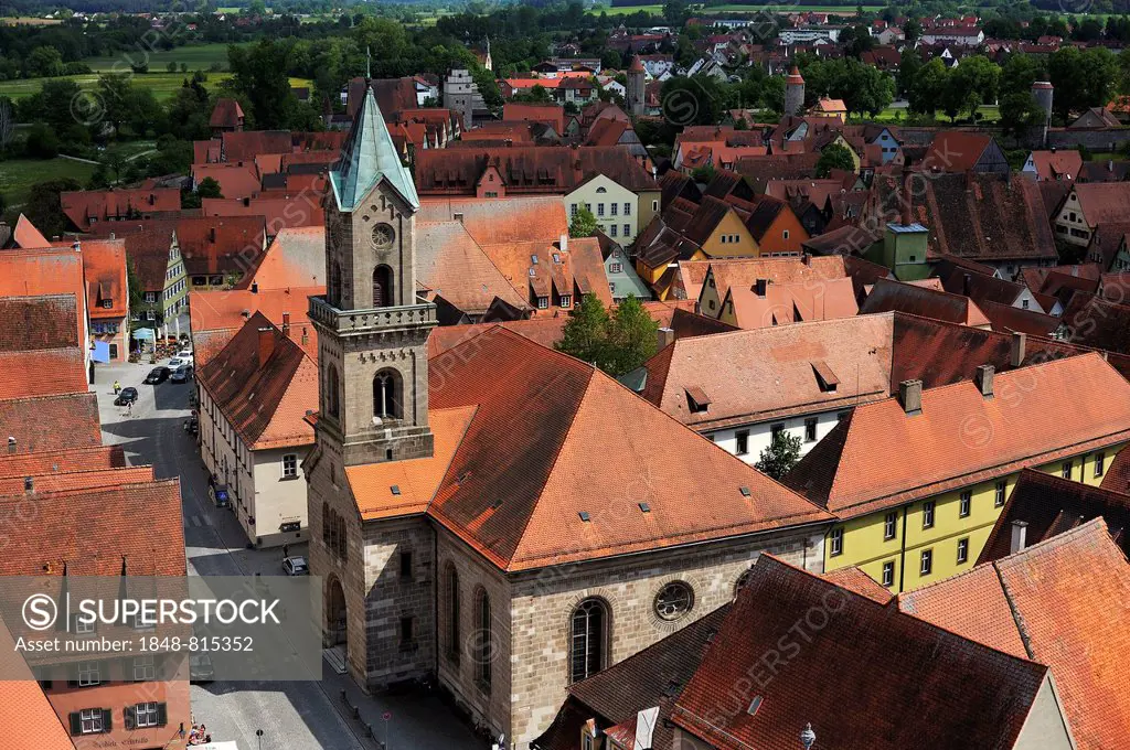 View from the tower of St. George's Church to the Evangelical-Lutheran parish church of St. Paul, Dinkelsbühl, Middle Franconia, Bavaria, Germany