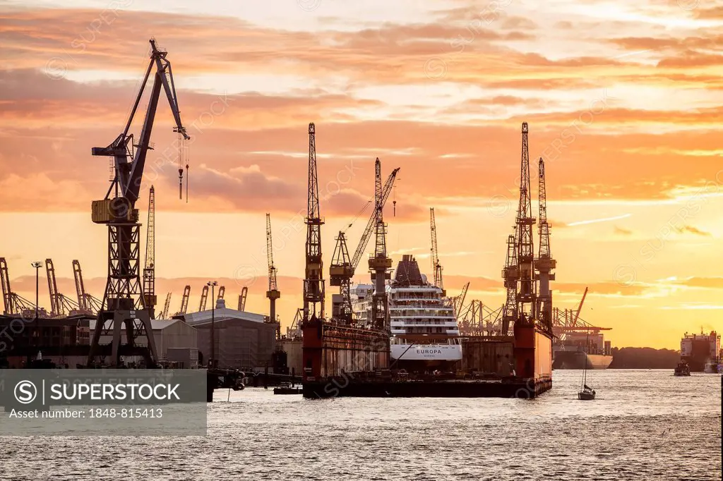 Cruise ship in a dry dock at sunset, Port of Hamburg, Hamburg, Hamburg, Germany