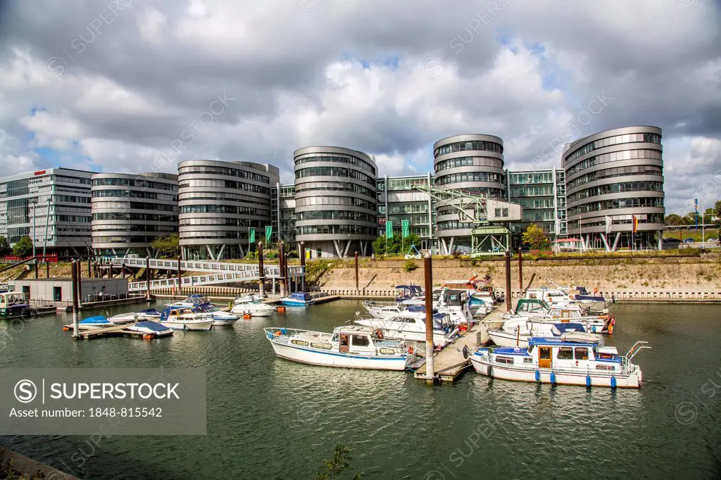 Five Boats office building, marina, Innenhafen, Duisburg, Ruhr district, North Rhine-Westphalia, Germany