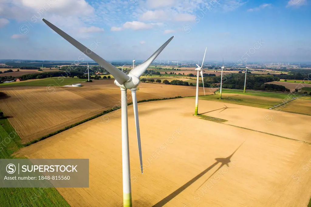 Wind turbines in fields, wind farm, near Werl, North Rhine-Westphalia, Germany