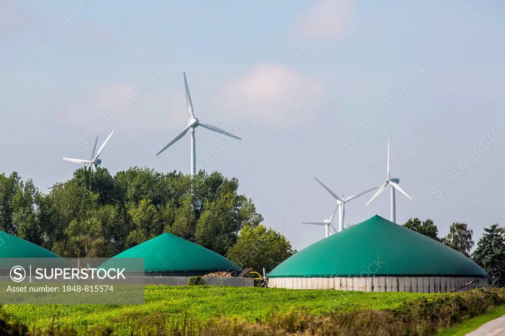 Wind turbines, wind farm and a biogas plant, Werl, North Rhine-Westphalia, Germany