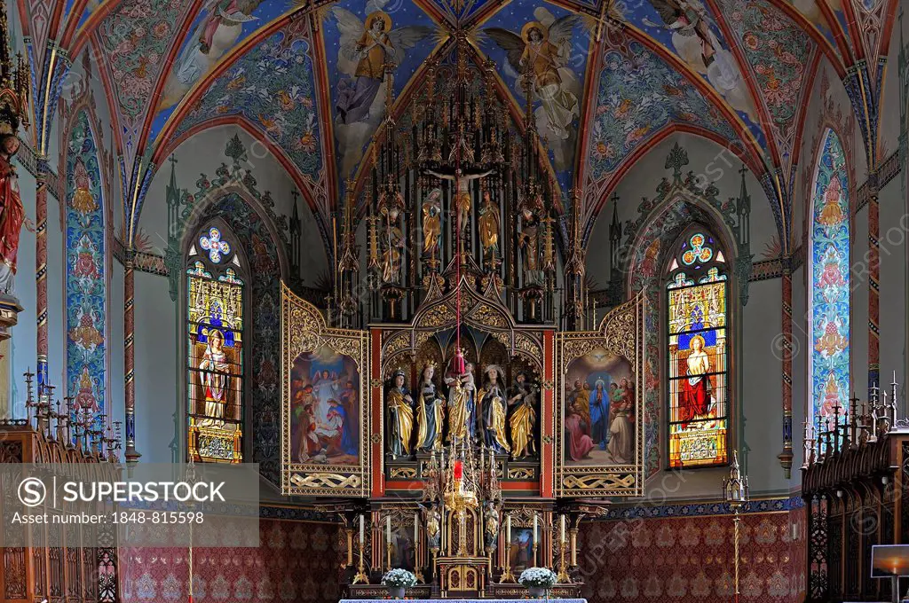 Altar of the neo-Gothic Parish Church of St. Pelagius, 1860, polyptych altar with late-Gothic figures from 1471, Weitnau, Oberallgäu, Allgäu, Swabia, ...