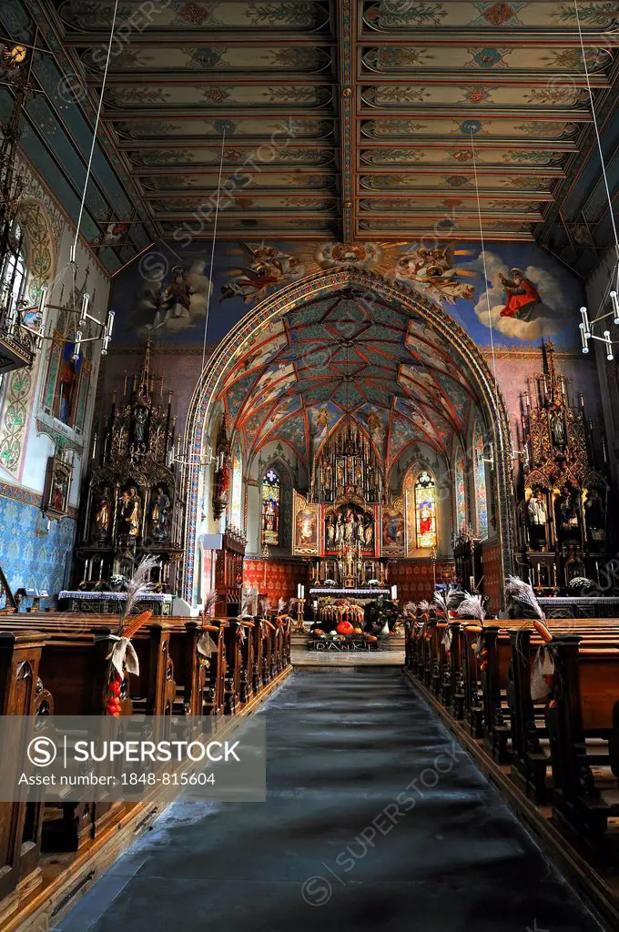 Church interior with the vaulted ceiling of the Parish Church of St. Pelagius, 1860, decorated for Thanksgiving, Weitnau, Oberallgäu, Allgäu, Swabia, ...