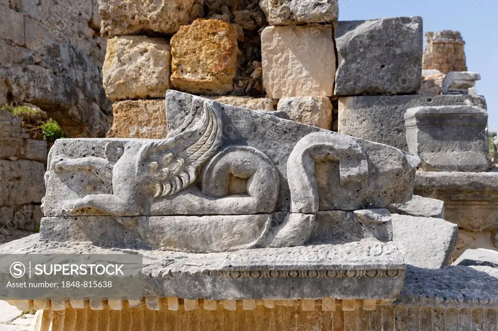 Stone carving, ancient city of Perge, Perge, Aksu, Turkish Riviera, Province of Antalya, Mediterranean Region, Turkey