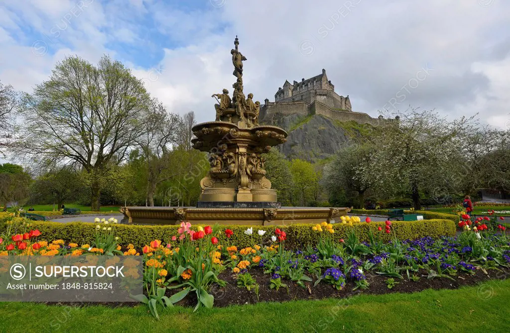 The Ross Fountain in Princes Street Gardens, public park, Edinburgh Castle at back, Edinburgh, Scotland, United Kingdom