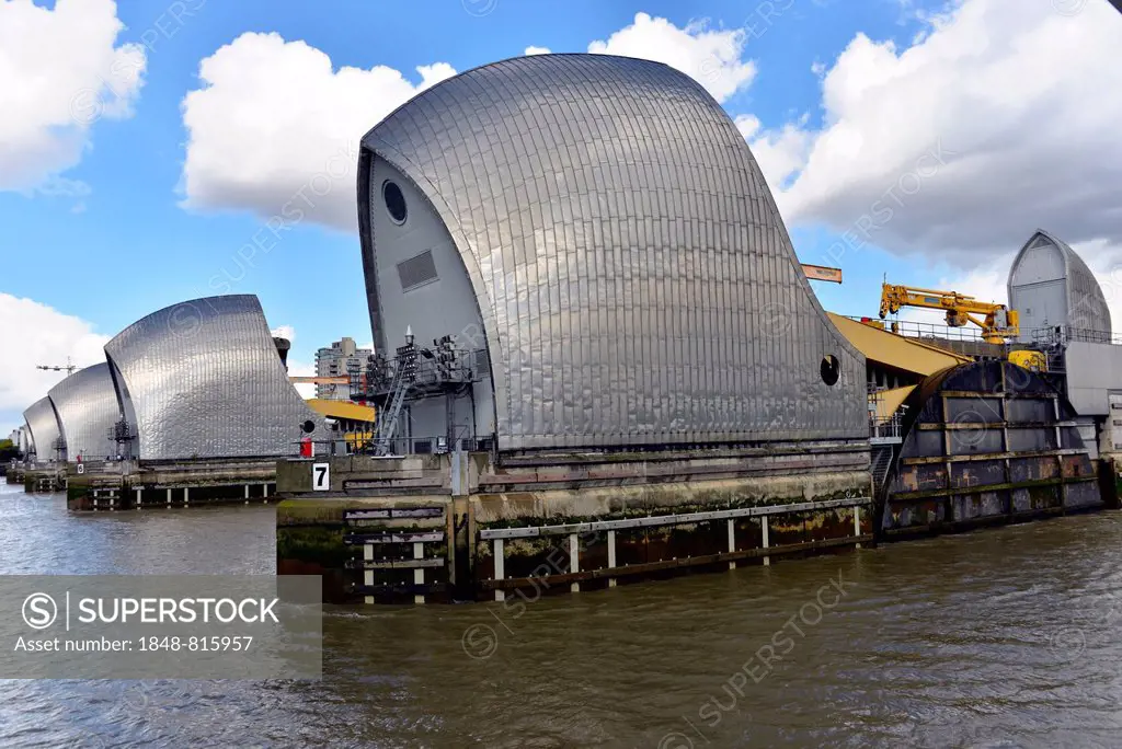 Gates of the Thames Barrier in the normal open position, flood protection, River Thames, London, London area, England, United Kingdom