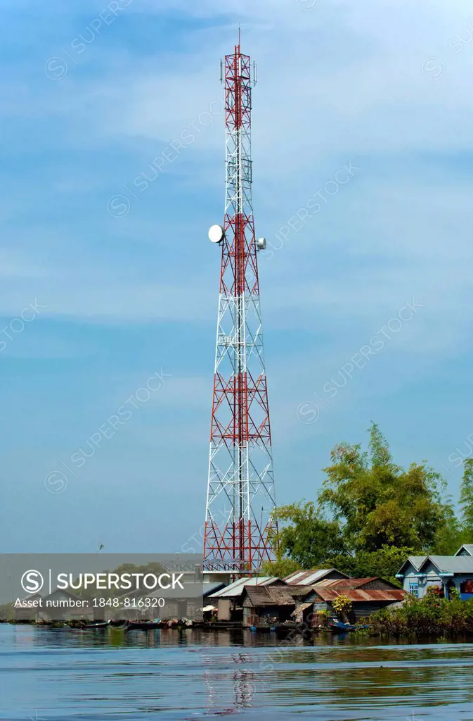 Radio tower in a village on the Tonle Sap lake near Siem Reap, Cambodia