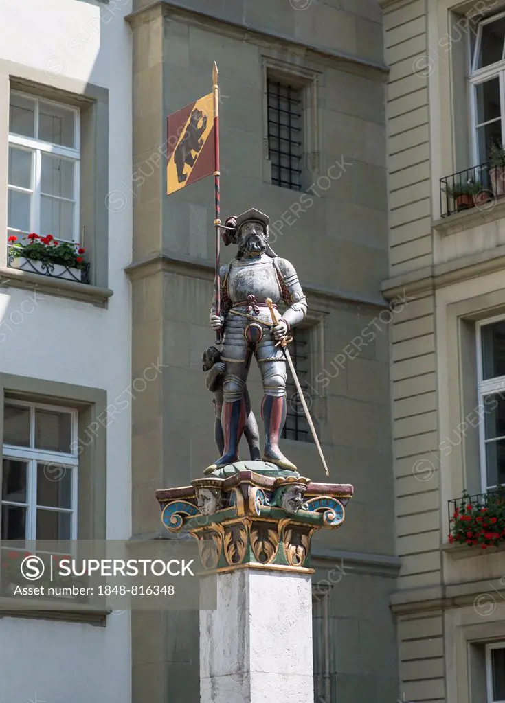 Figure on Vennerbrunnen fountain, Bern's historic centre, UNESCO World Heritage Site, Bern, Canton of Bern, Switzerland