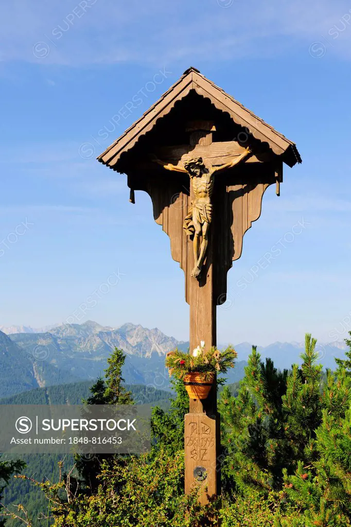 Wayside cross on Mt. Herzogstand, Upper Bavaria, Bavaria, Germany