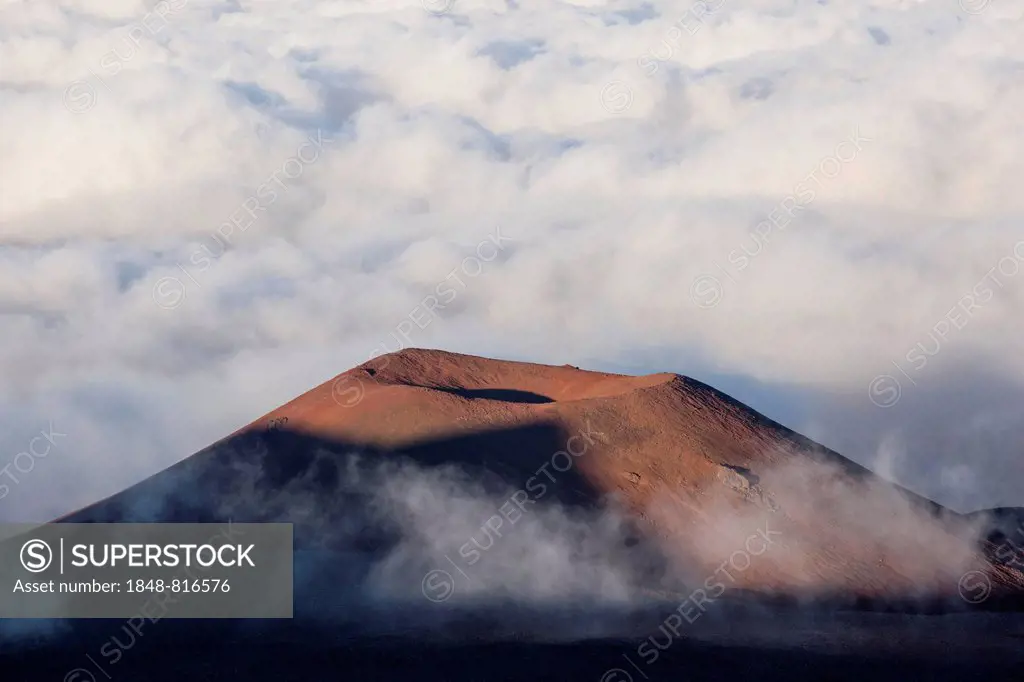 Crater in the fog, below the Mauna Kea volcano, Big Island, Hawaii, United States