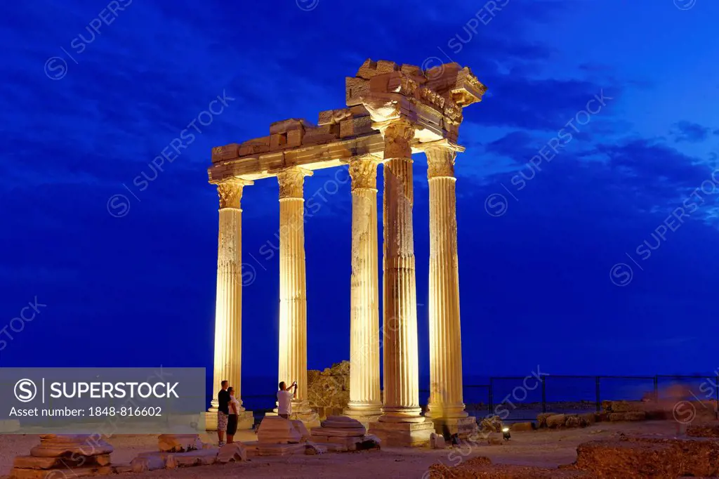 Temple of Apollo at night, ancient city of Side, Pamphylia, Antalya Province, Turkey