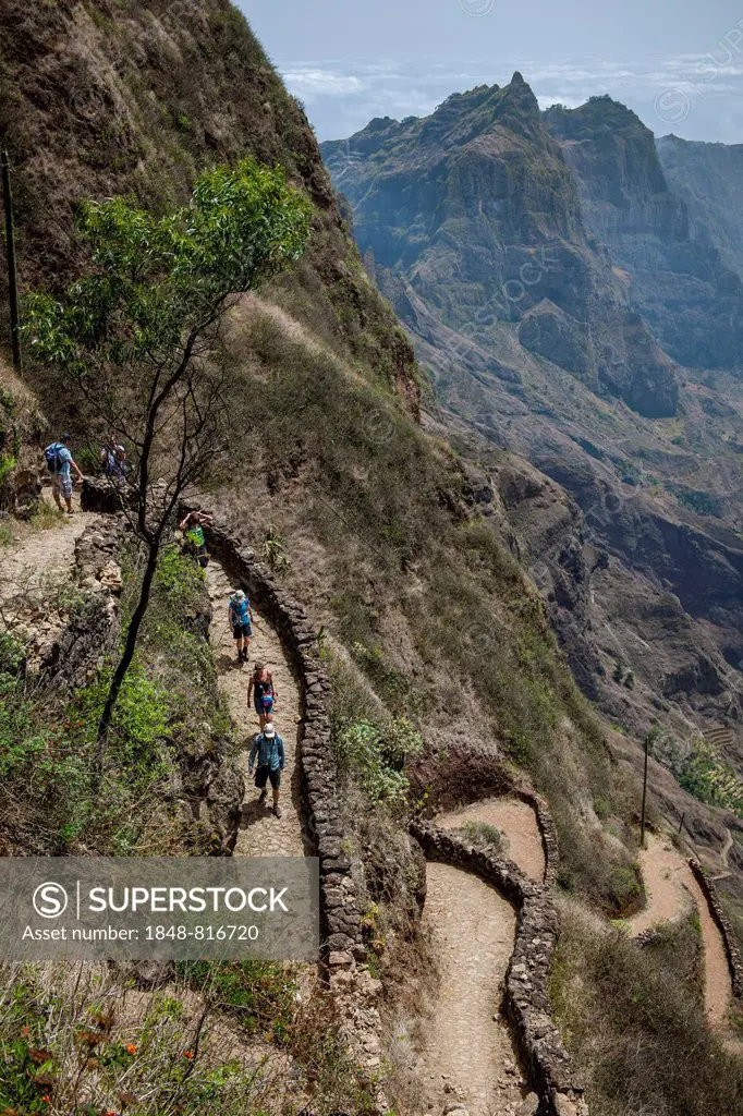 Hiking trail on the steep slopes of the Paúl Valley, Santo Antío island, Cape Verde