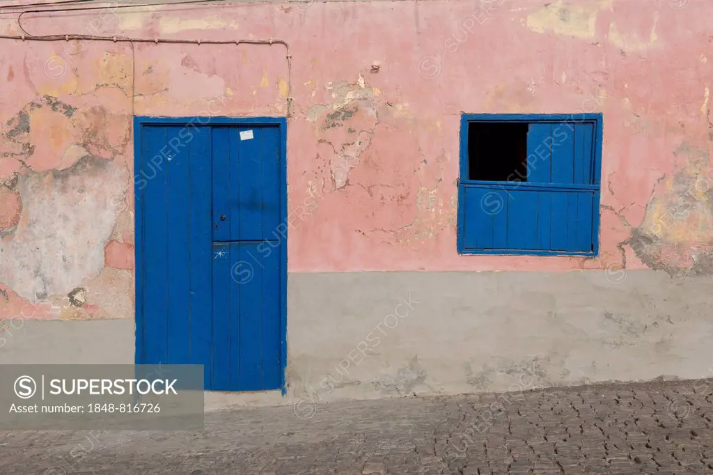 House facade with a blue door and a blue window, Ponta do Sol, Santo Antío island, Cape Verde
