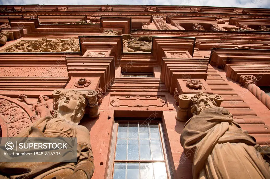 Statues on the facade of Schloss Heidelberg Castle, Heidelberg, Baden-Württemberg, Germany