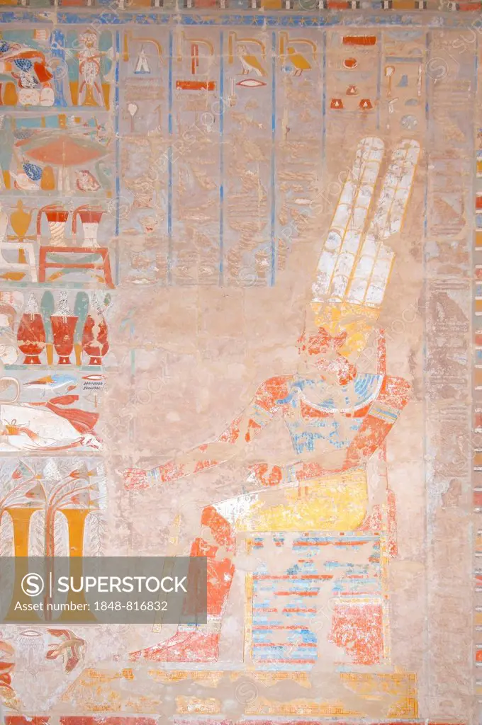 Frescoes on the walls of the temple, Mortuary Temple of Queen Hatshepsut, Luxor Temple Complex, UNESCO World Heritage site, Thebes, Luxor, Luxor Gover...