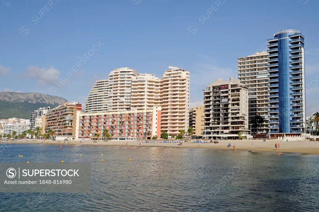 High-rise buildings at Playa Arenal Bol beach, Calp, Costa Blanca, Alicante province, Spain