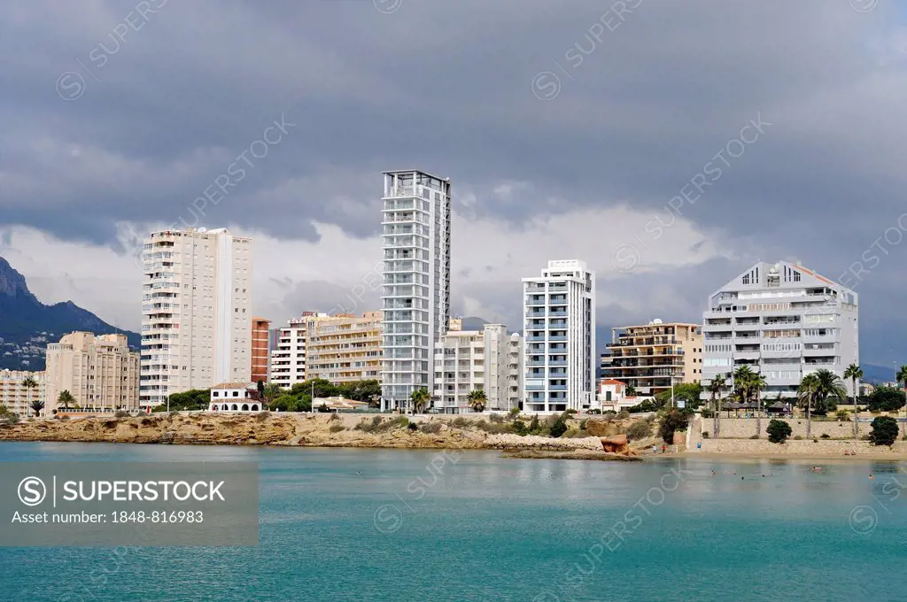 High-rise buildings on the coast, Calp, Costa Blanca, Alicante province, Spain