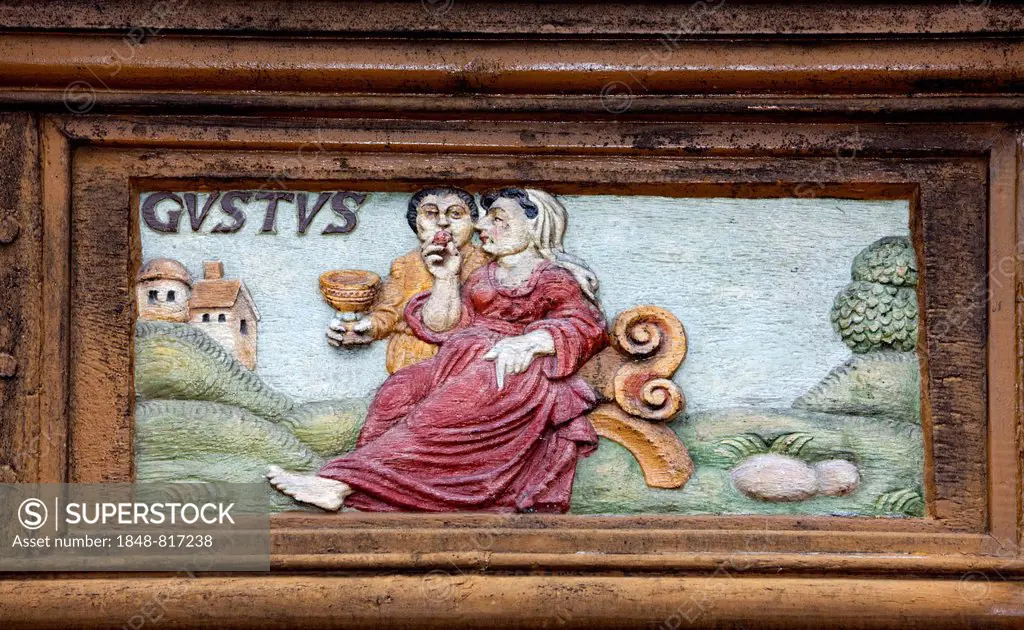 Gustus, Latin for gustation, wood carving, Alte Lateinschule Alfeld building, Alfeld, Lower Saxony, Germany