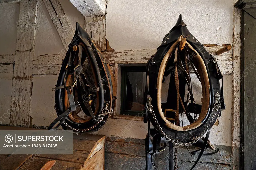 Two yokes hanging on a wall, Franconian Open Air Museum, Bad Windsheim, Middle Franconia, Bavaria, Germany