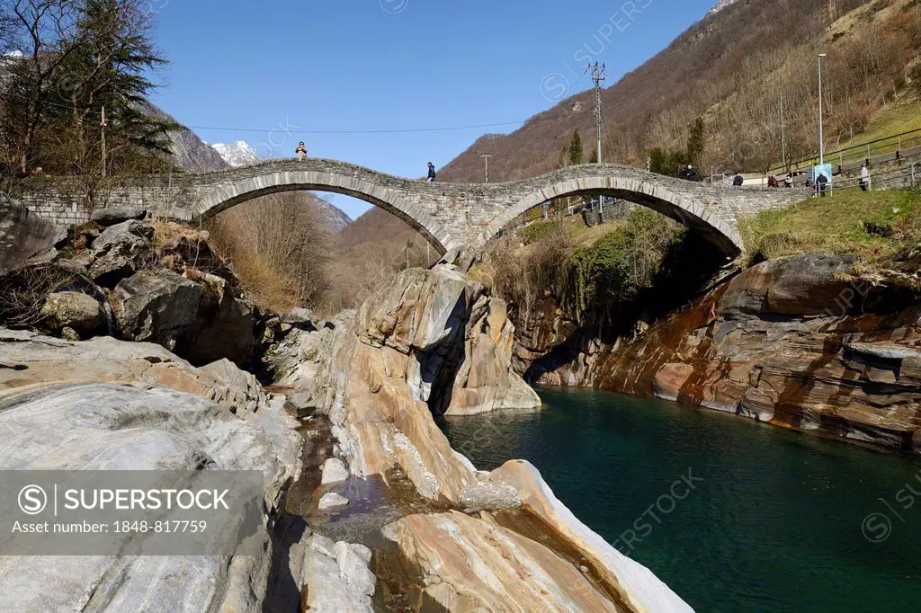 Historic bridge Ponte dei Salti with double arches through the Verzasca River, Lavertezzo, Canton Ticino, Switzerland