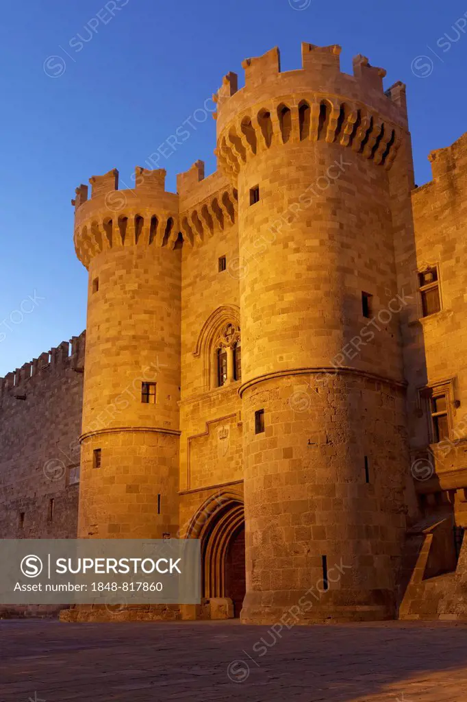 Main entrance with medieval towers, Palace of the Grand Master of the Knights of Rhodes, City of Rhodes, Island of Rhodes, Dodecanese Islands, Greece