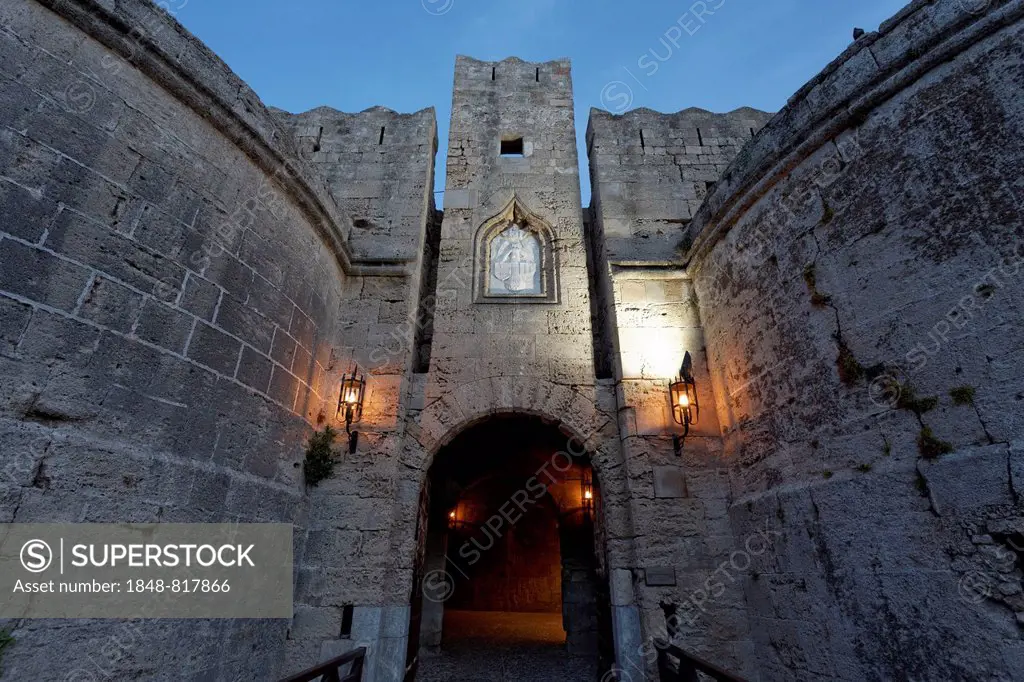 Amboise Gate, medieval bastion, blue hour, historic town centre, Rhodes, Island of Rhodes, Dodecanese, Greece