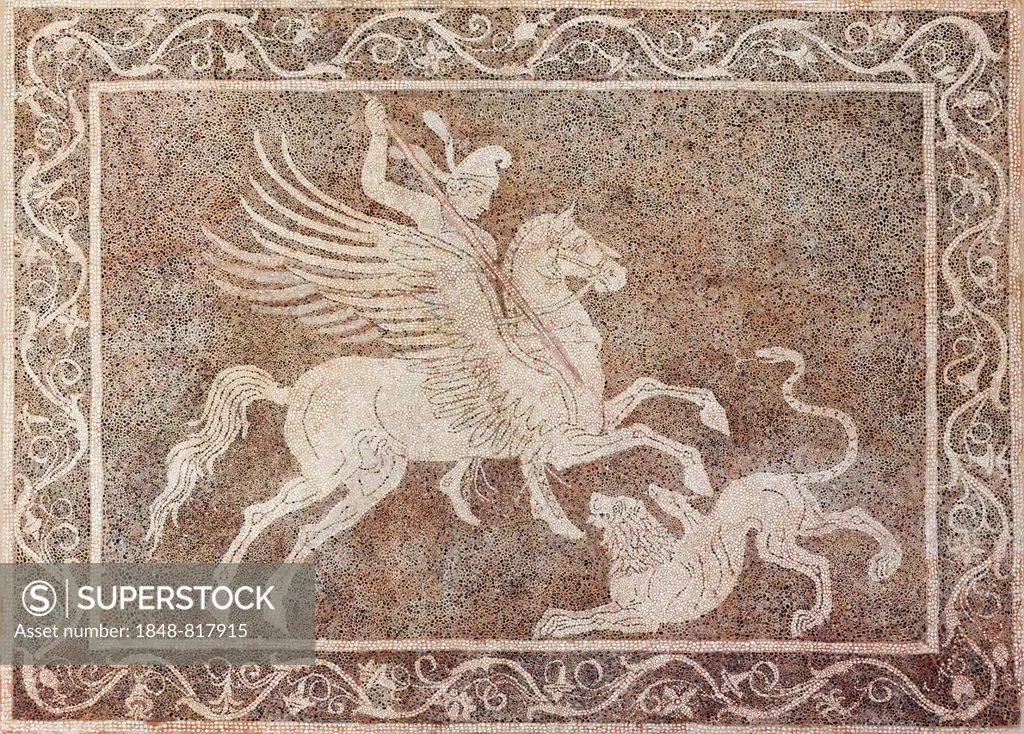Rider on a winged horse hunting a lion, floor mosaic made of pebbles, Chochlaki, Archaeological Museum, historic town centre, Rhodes, Island of Rhodes...