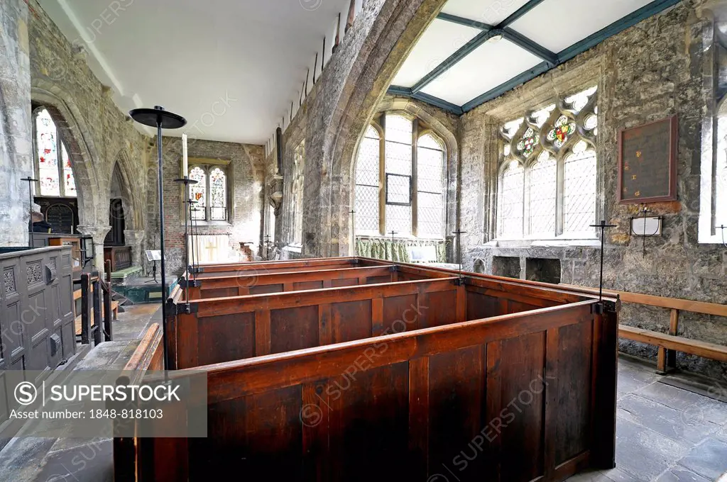 Interior view, wooden pews, medieval church, Holy Trinity Church, York, Yorkshire, England, United Kingdom