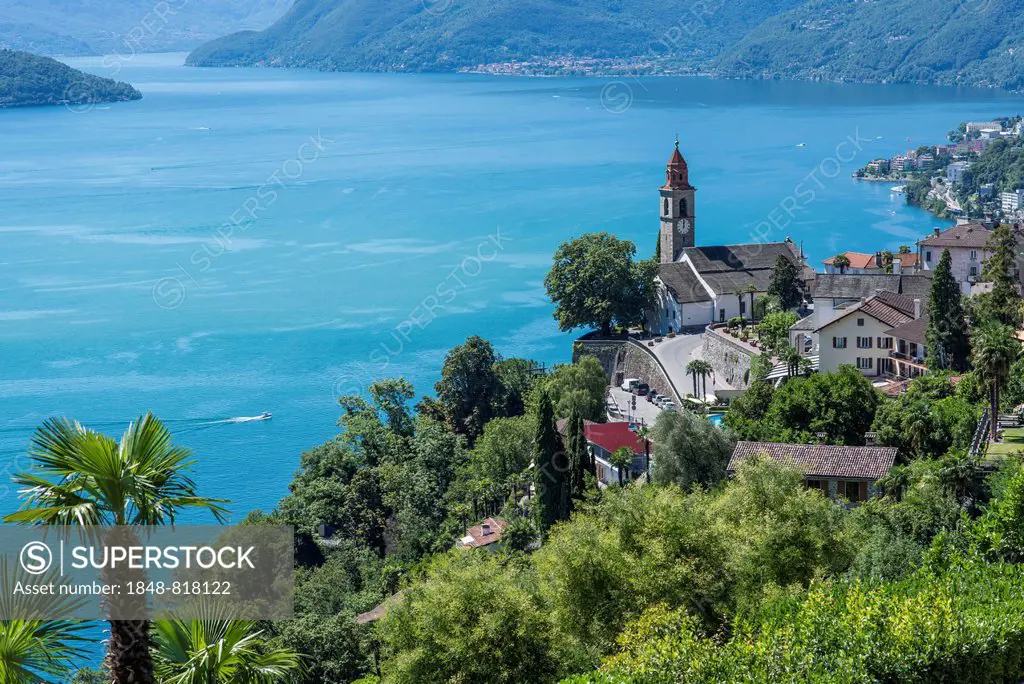 View over a village towards Lake Maggiore or Lago Maggiore, Ronco sopra Ascona, Canton of Ticino, Switzerland