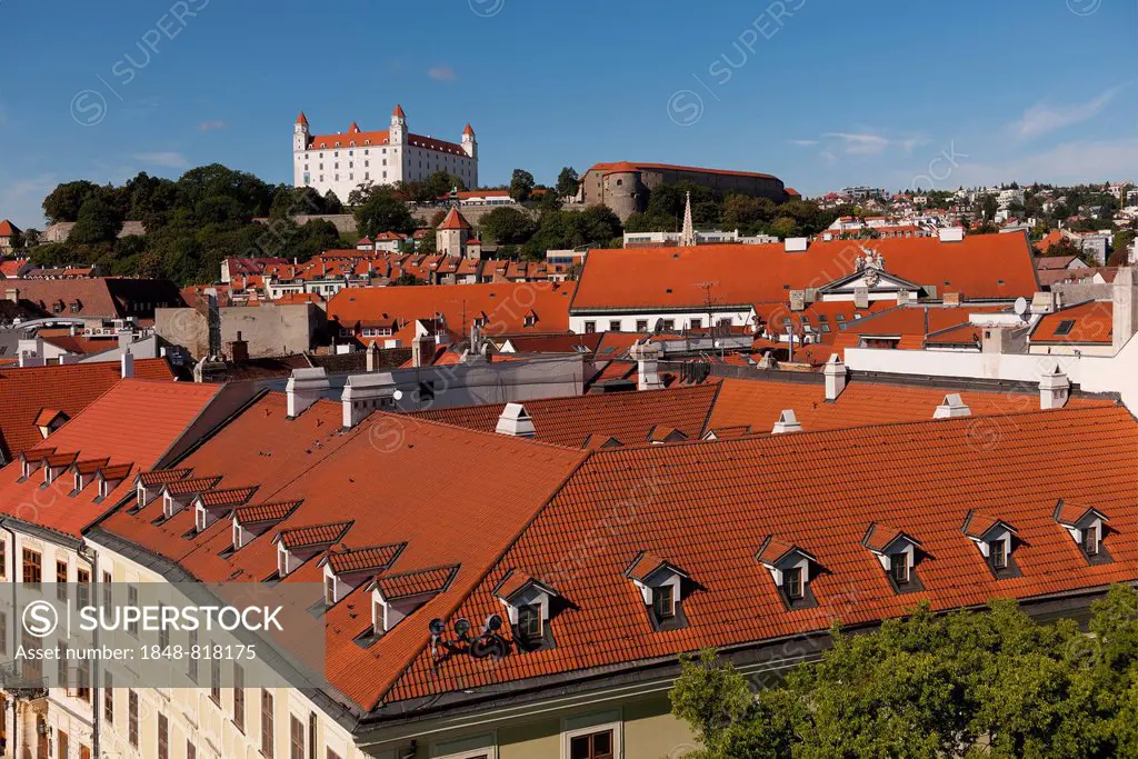 View over the roofs of the old town, behind Bratislava Castle, Bratislava, Slovakia