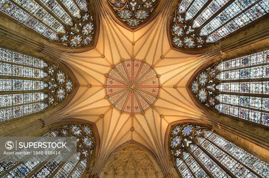 Decorated ceiling of the octagon in the chapter house, York Minster, York, North Yorkshire, England, United Kingdom