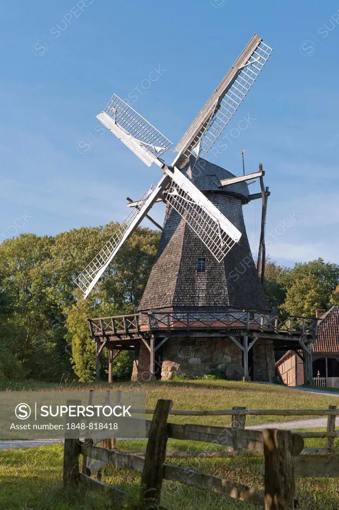 Historic stock windmill dating from the 18th century in autumn, Freilichtmuseum Detmold or Open-Air Museum Detmold, North Rhine-Westphalia, Germany