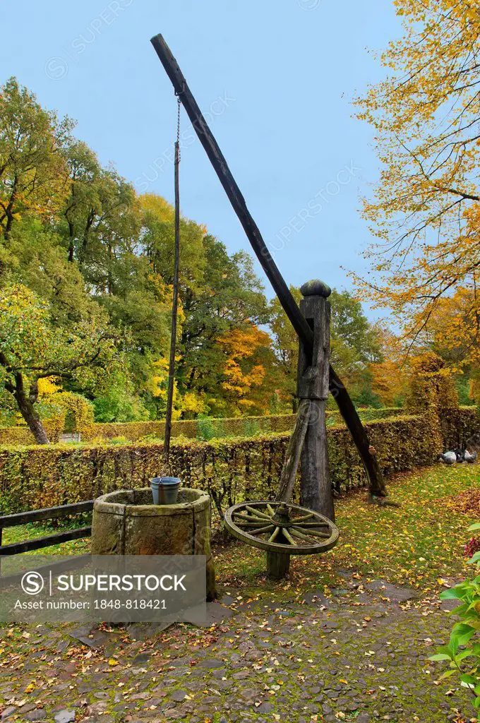 Historical water well from the 18th century in autumn, Freilichtmuseum Detmold or Open-Air Museum Detmold, North Rhine-Westphalia, Germany