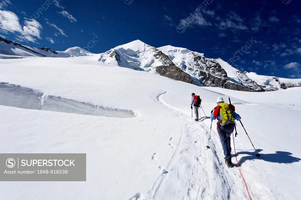 Mountain climbers ascending to Piz Palü Mountain, Grisons, Switzerland, Europe