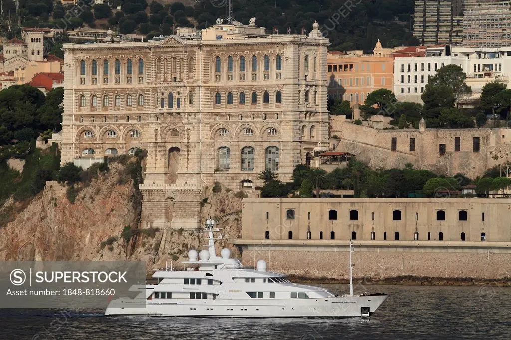 Amels motor yacht, Faribana V, crossing in front of the Oceanographic Museum, Principality of Monaco, Mediterranean Sea