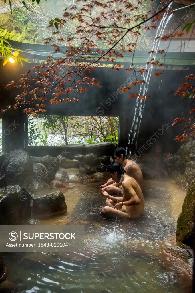 Japanese men in the Kurokawa Onsen, public spa, Kyushu, Japan