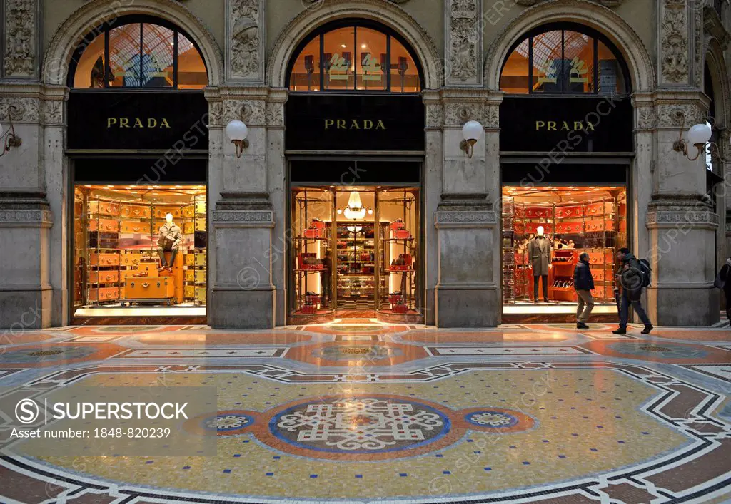Prada store, luxury shopping arcade Galleria Vittorio Emanuele II, Milan, Lombardy, Italy