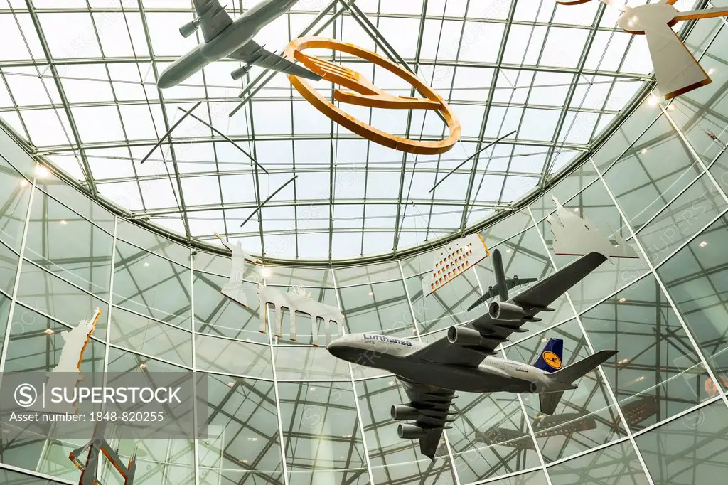 Aircraft models and the Lufthansa logo hanging in the reception area of Frankfurt Airport, Frankfurt am Main, Hesse, Germany