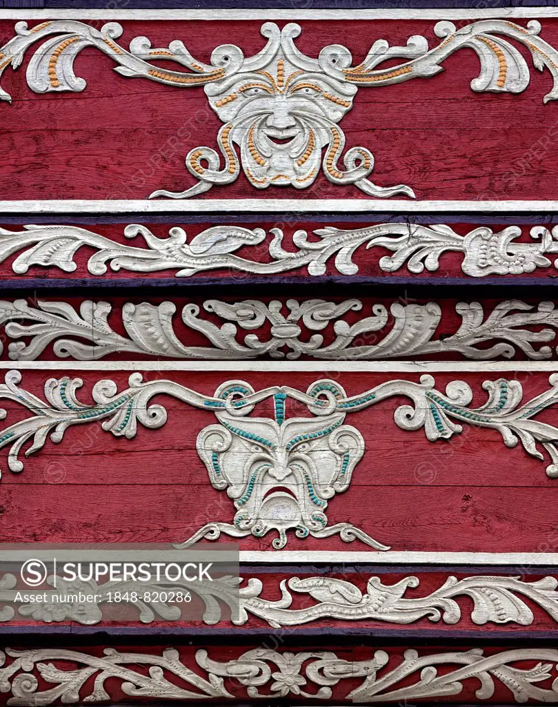 Theatre masks, architectural detail, Hameln, Lower Saxony, Germany