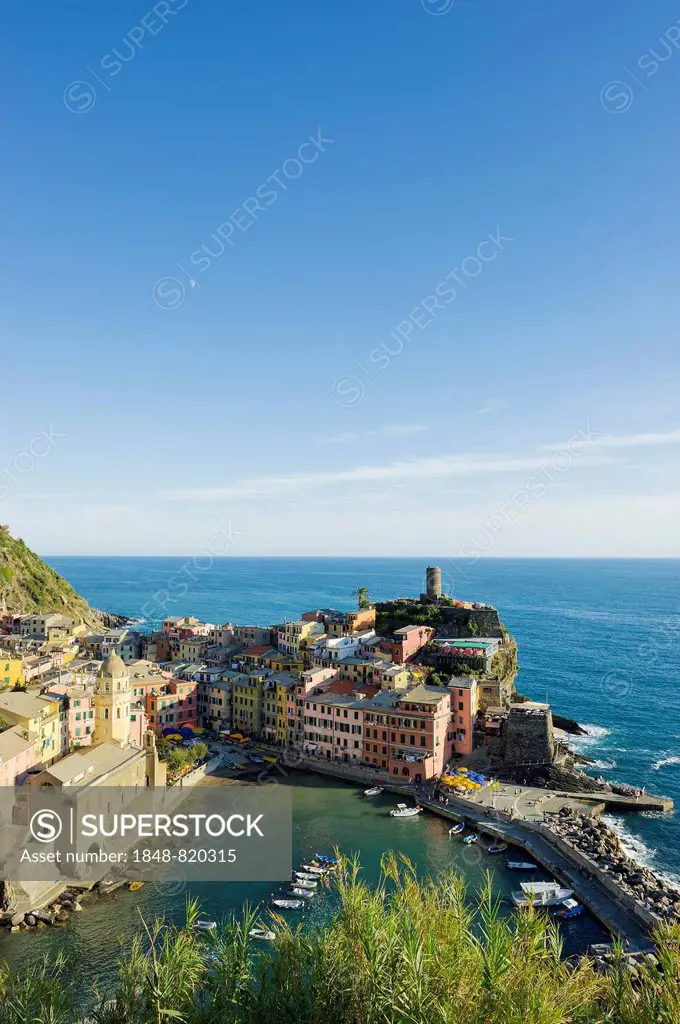 Village with colorful houses by the sea, Vernazza, Cinque Terre, La Spezia Province, Liguria, Italy