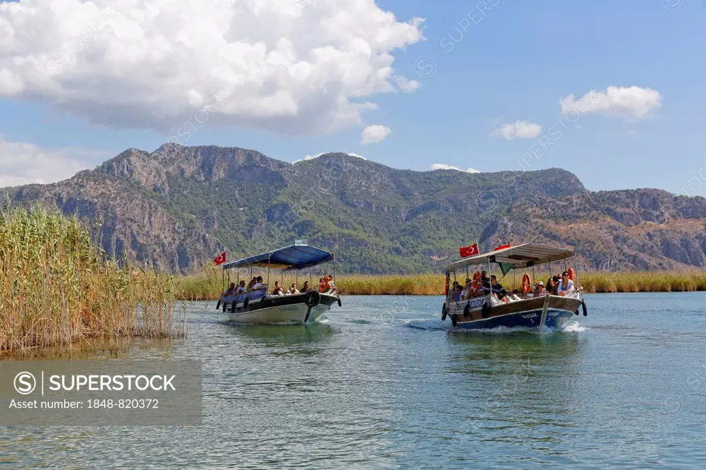 Excursion boats in the Dalyan Delta, Dalyan, Mugla Province, Turkish Riviera or Turquoise Coast, Aegean, Turkey
