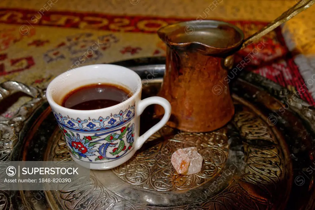 Turkish coffee in a cup with Turkish delight, Dalyan, Aegean, Turkey