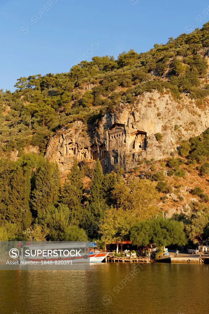 Rock Tombs of Kaunos, early morning on the Dalyan River, Dalyan, Mugla Province, Turkish Riviera or Turquoise Coast, Aegean, Turkey