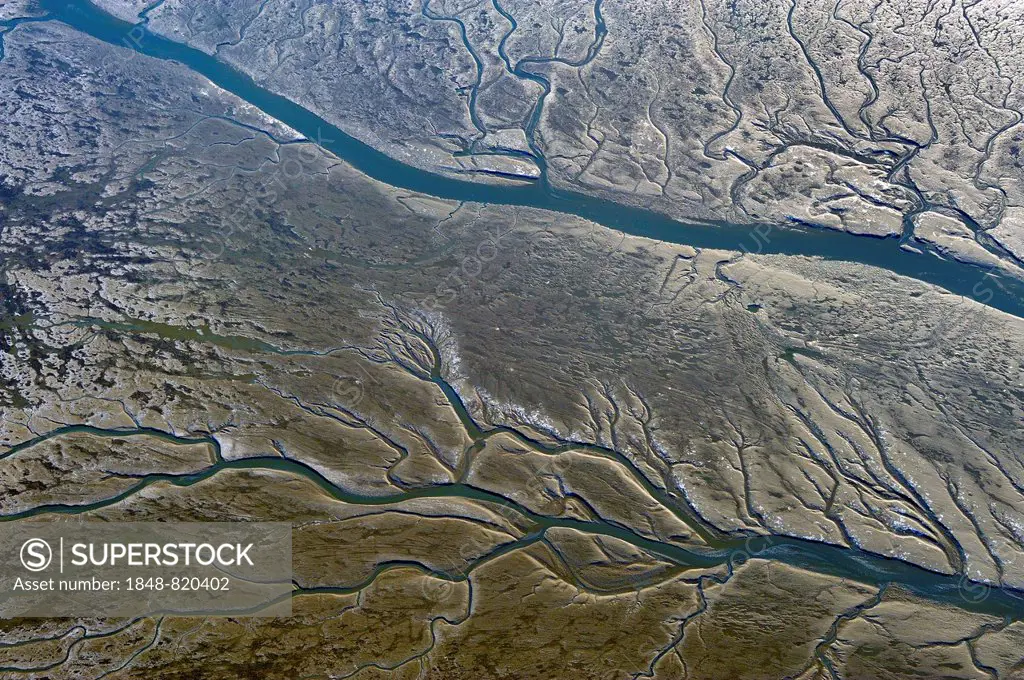 Aerial view, Wadden Sea in winter, tidal creeks at low tide, Marne, Schleswig-Holstein, Germany